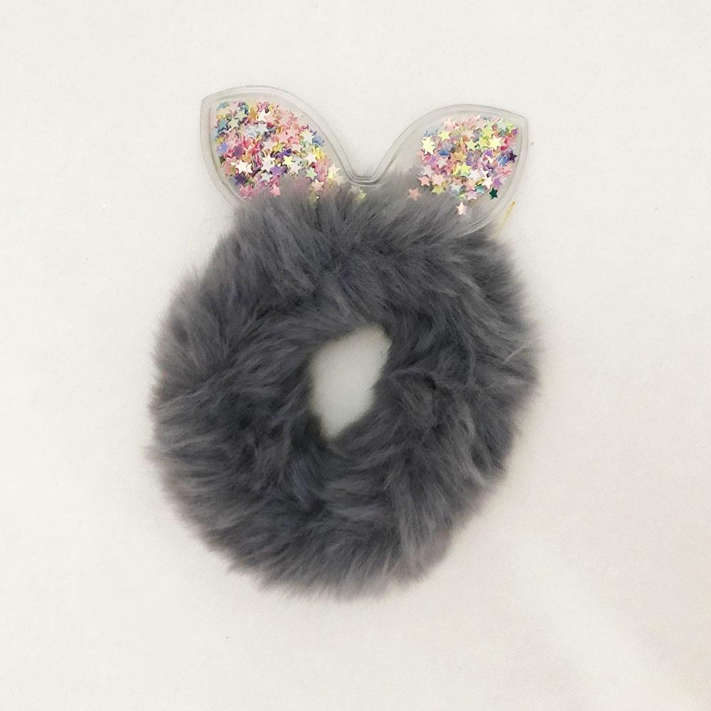 Гумки для волосся хутряні з блискітками всередині вух. Сірий колір