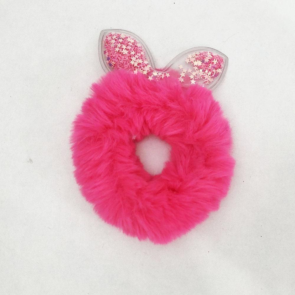 Гумки для волосся хутряні з блискітками всередині вух. Колір: темно-рожевий