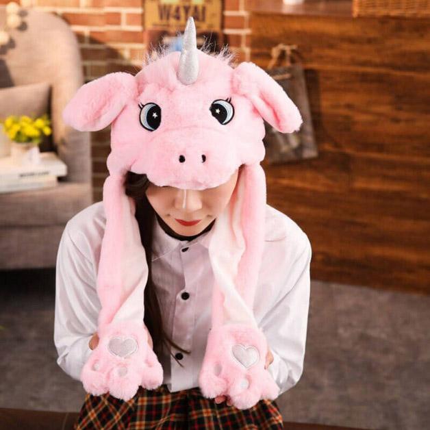 Карнавальна шапка з підсвічуванням: одноріжок з носиком з вухами, що піднімаються. Колір: рожевий